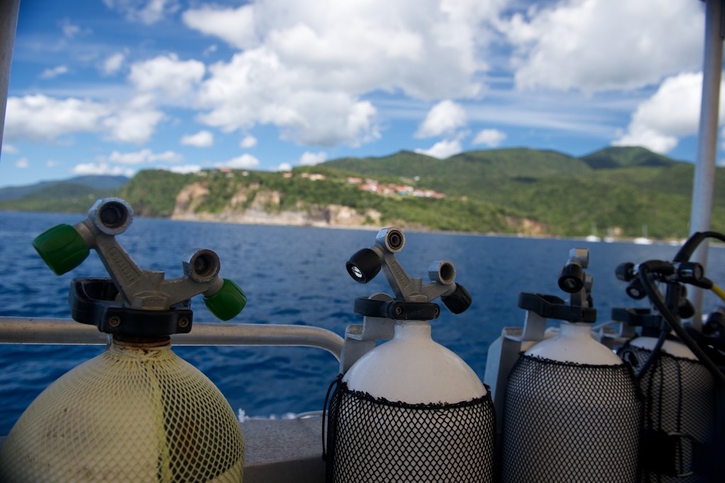 Scuba diving equipment at the Jacques Cousteau Underwater Reserve near Pigeon Island.